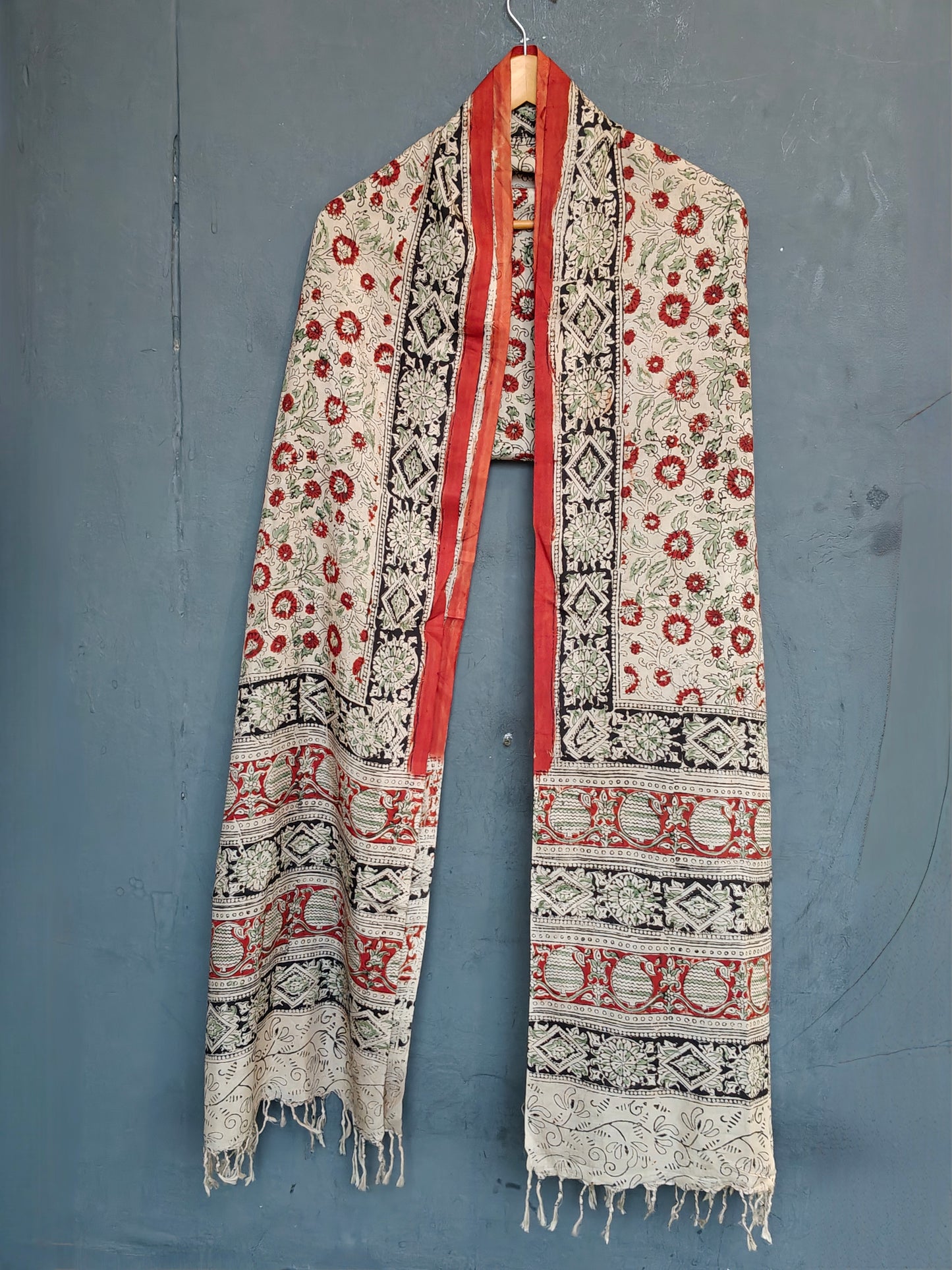 Beige with red floral design Kalamkari hand block printed art silk dupatta