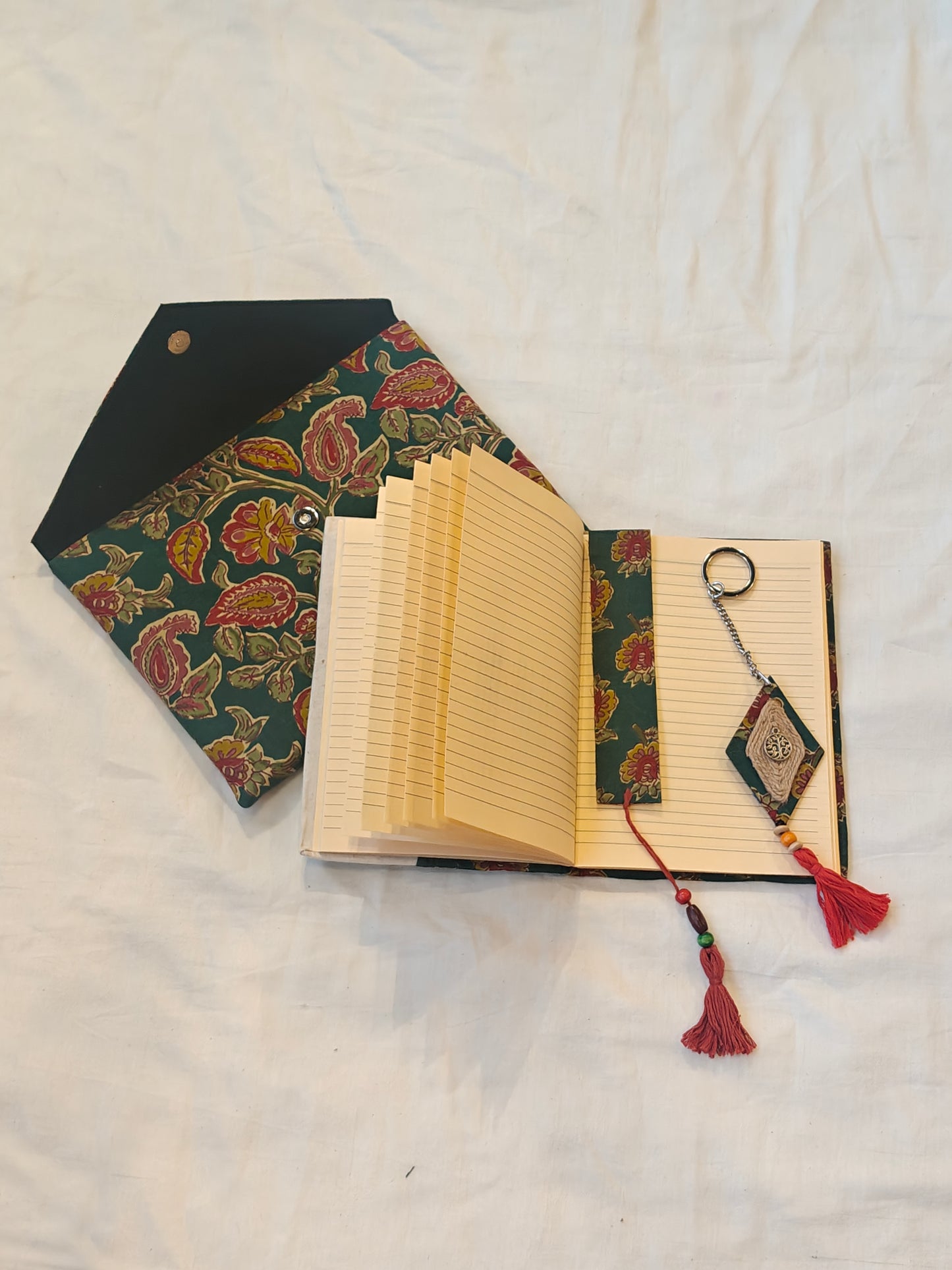 Handmade paper notebook with eco leaf printed fabric cover, hand crafted bookmark, key ring / charm and a container pouch - 4 piece gift set