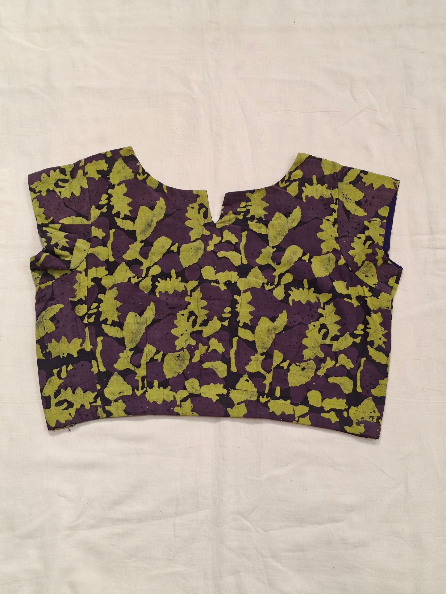 Violet and green batik handblock printed cotton v-neck blouse