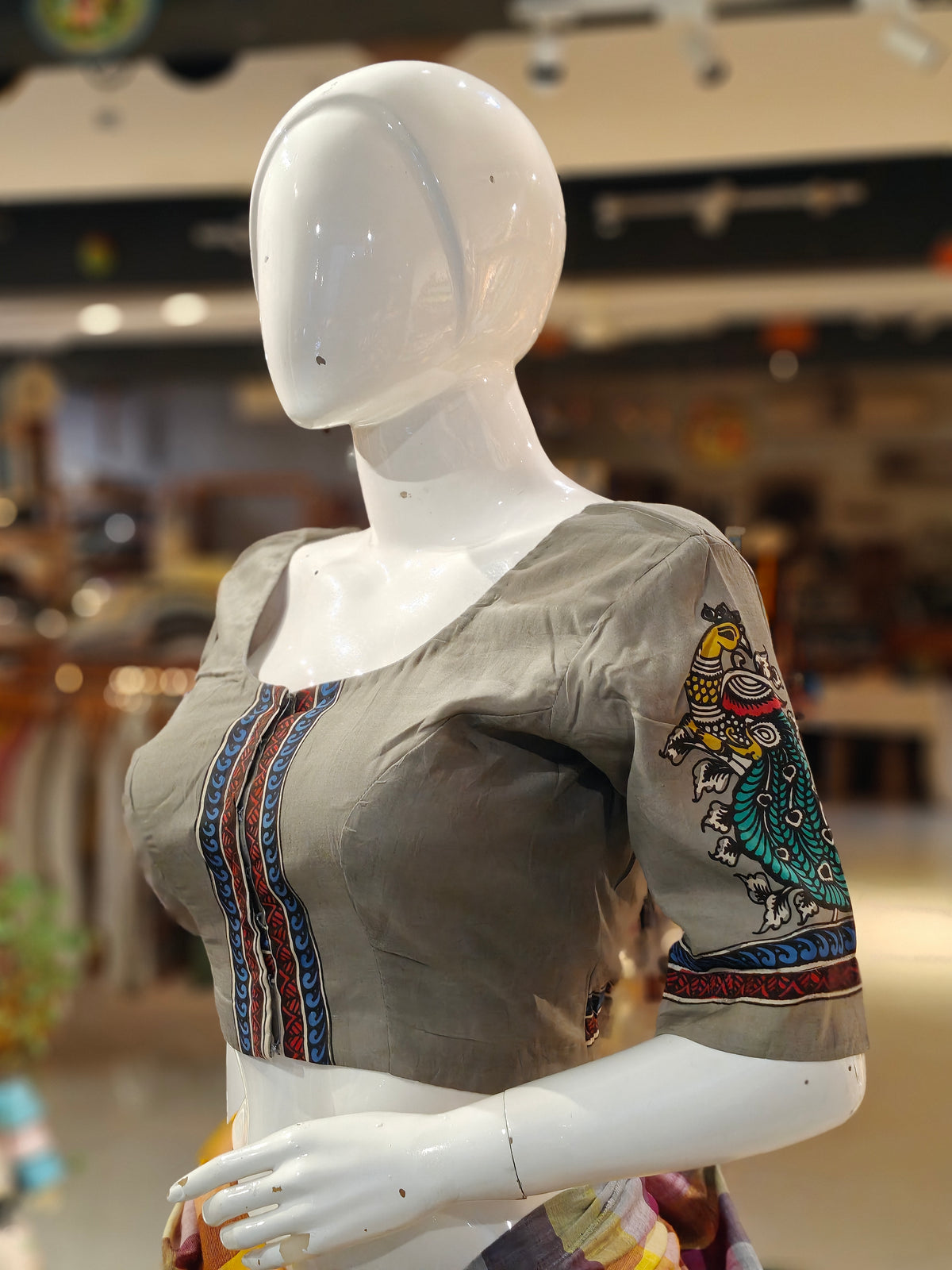 Grey with peacocks on sleeves n back hand-painted Pen Kalamkari silk blouse