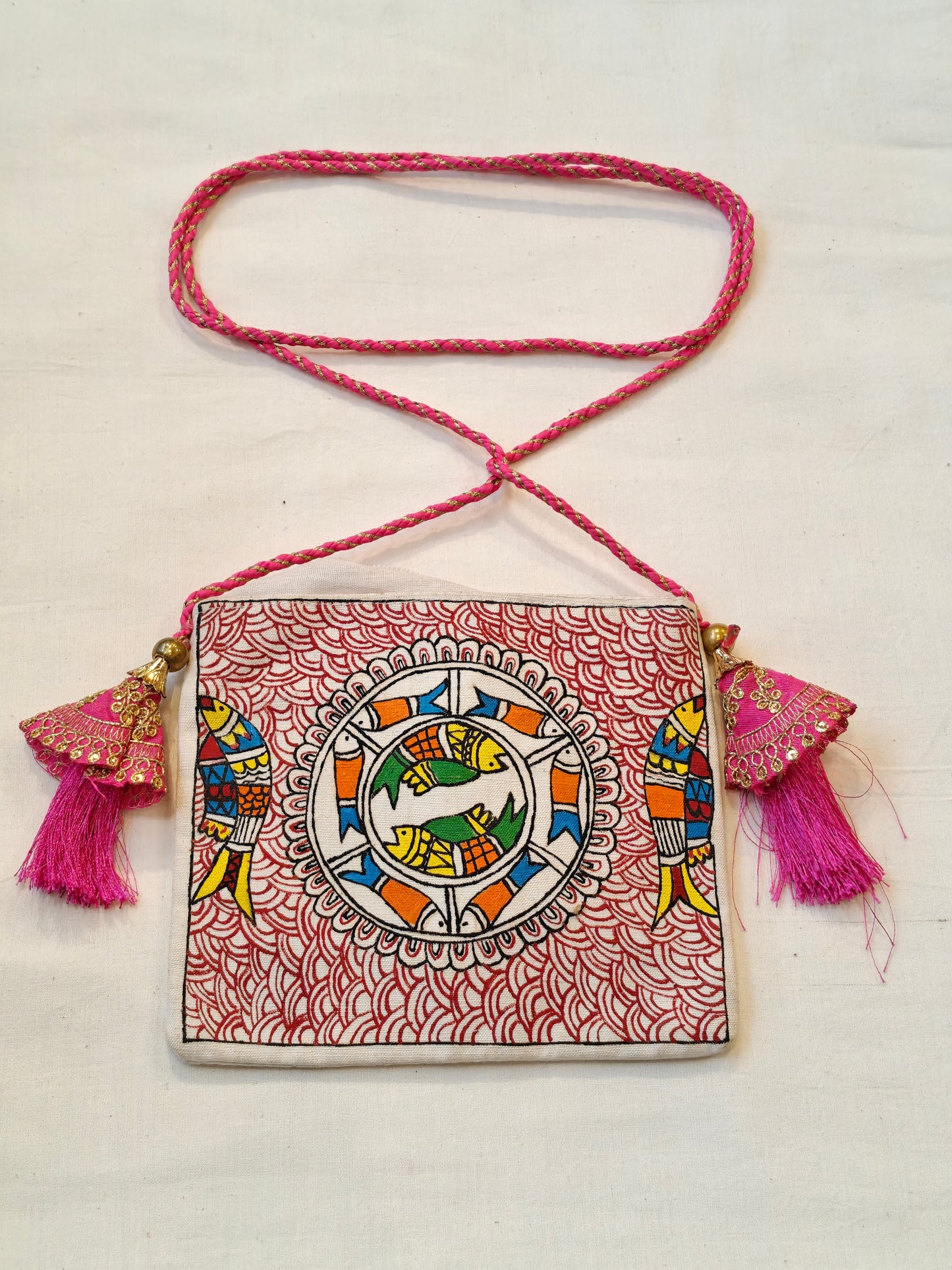 Handpainted on off white base fabric pouch with zipper closure, Tassles and sling - multiple designs available