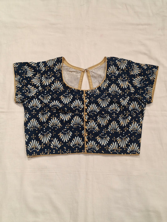 Dark blue handblock printed short sleeves cotton blouse with piping