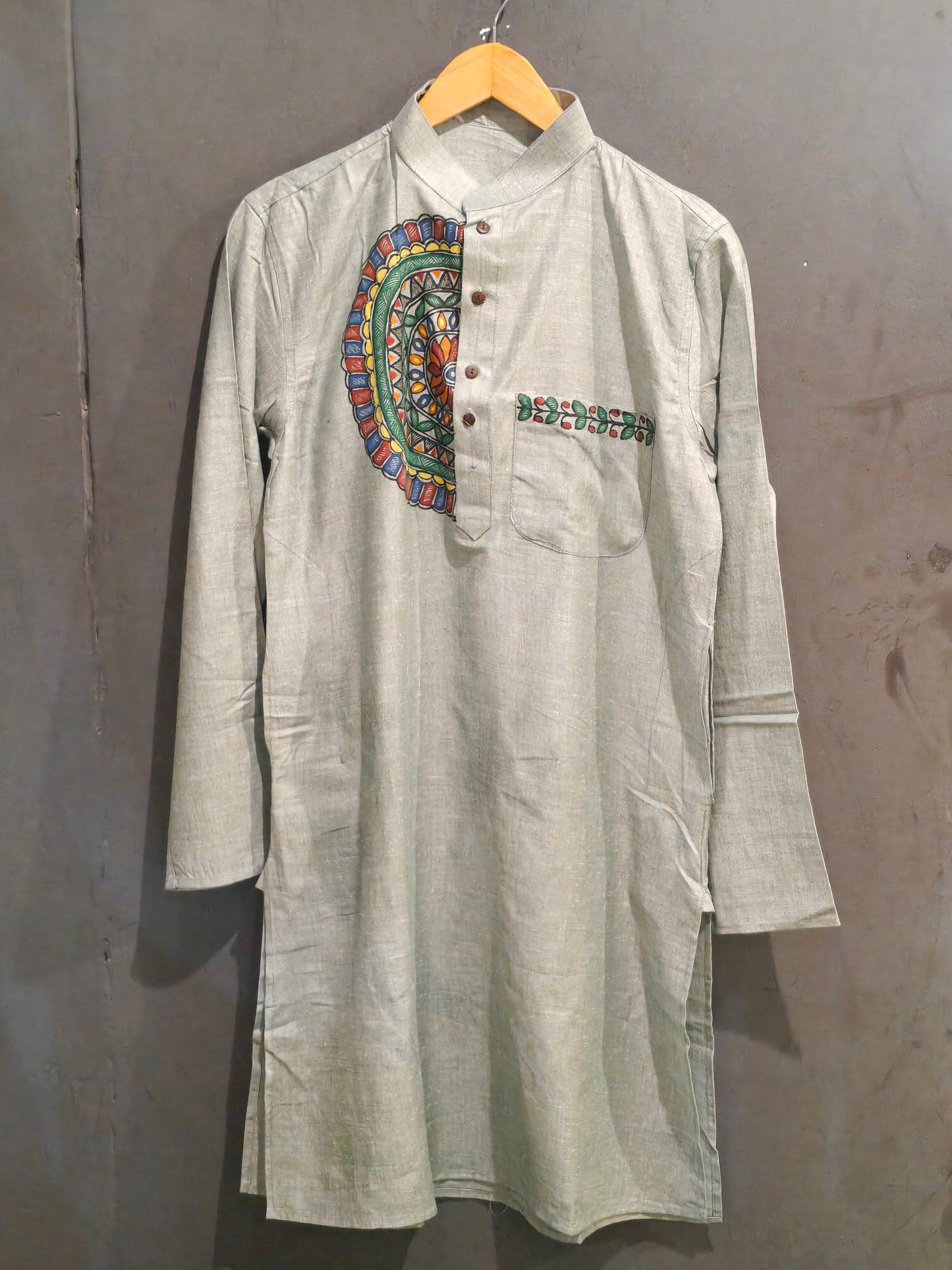 Laurel green Madhubani hand painted cotton kurta for men