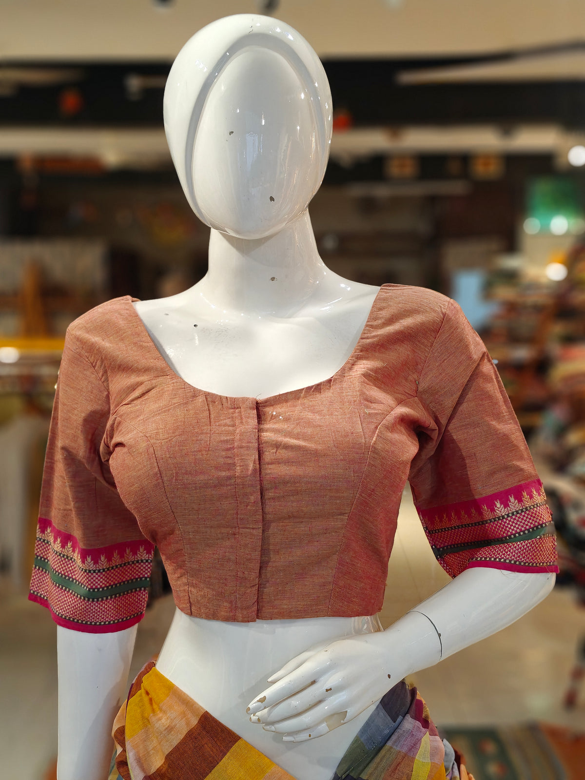 Copper red elbow sleeves cotton blouse with contrasting borders on sleeves