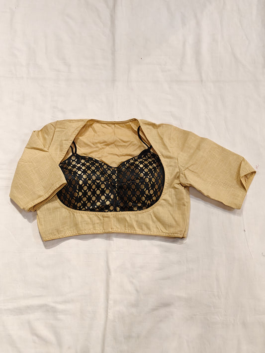 Beige cotton outer blouse with sleeves and black floral printed inner blouse - 2 piece cotton blouse