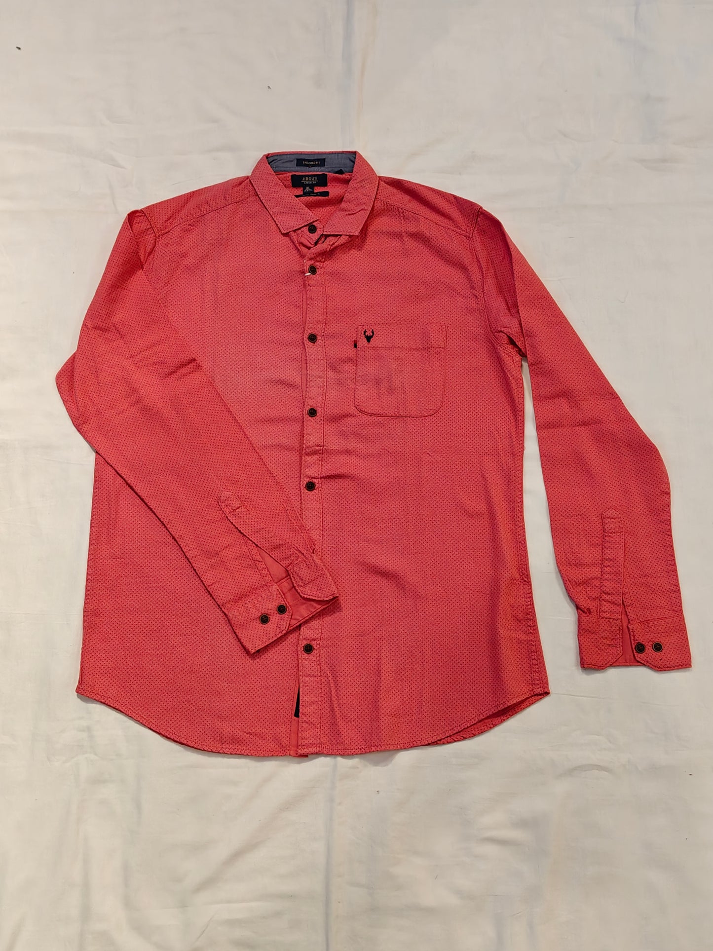 Pink with black dots printed cotton shirt for men