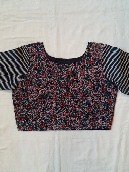 Indigo and maroon Ajrakh back batch embroidered boat neck half sleeves blouse