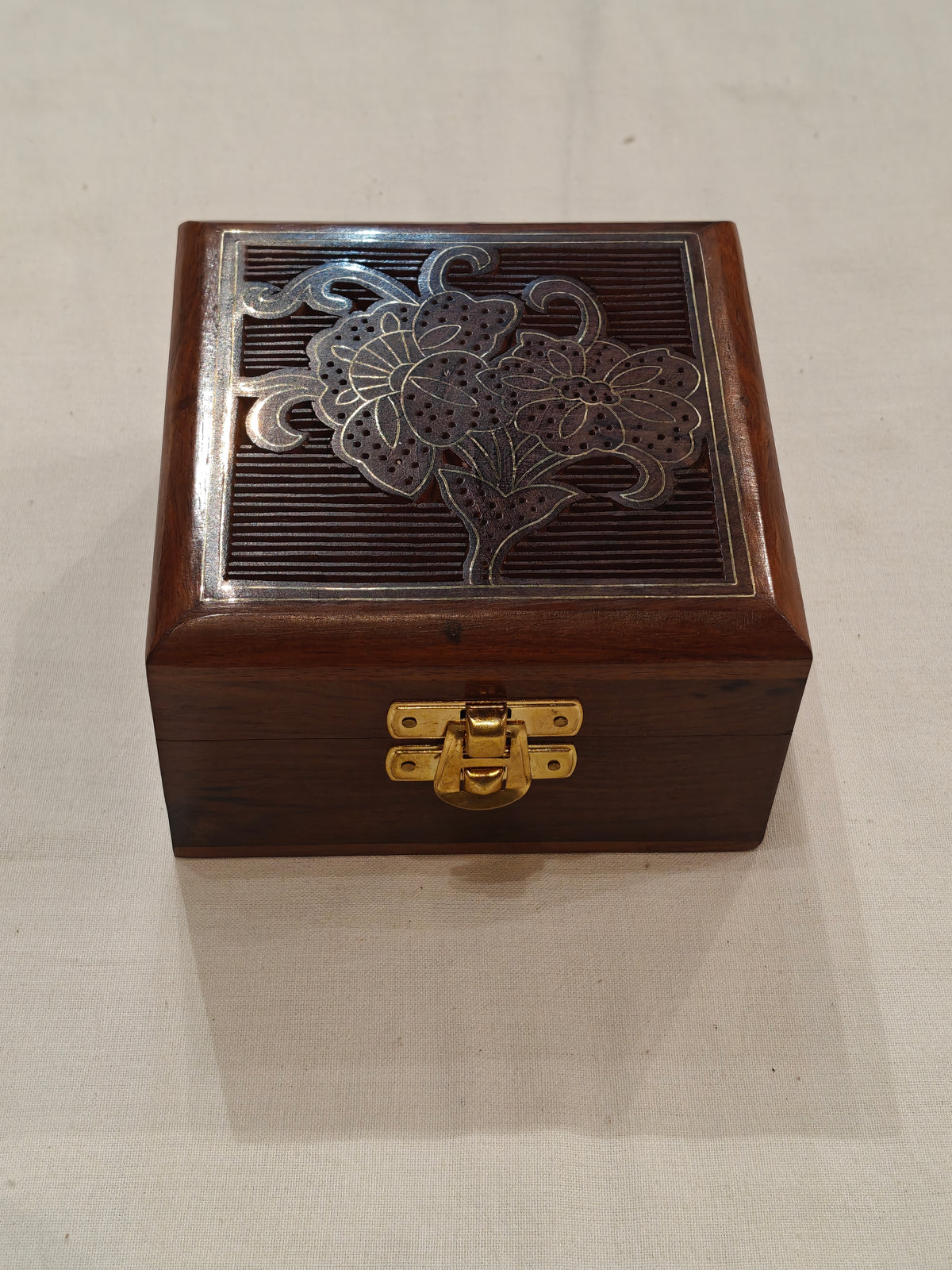 Brass inlay work wooden jewellery box - 4 × 4 × 2 Inches
