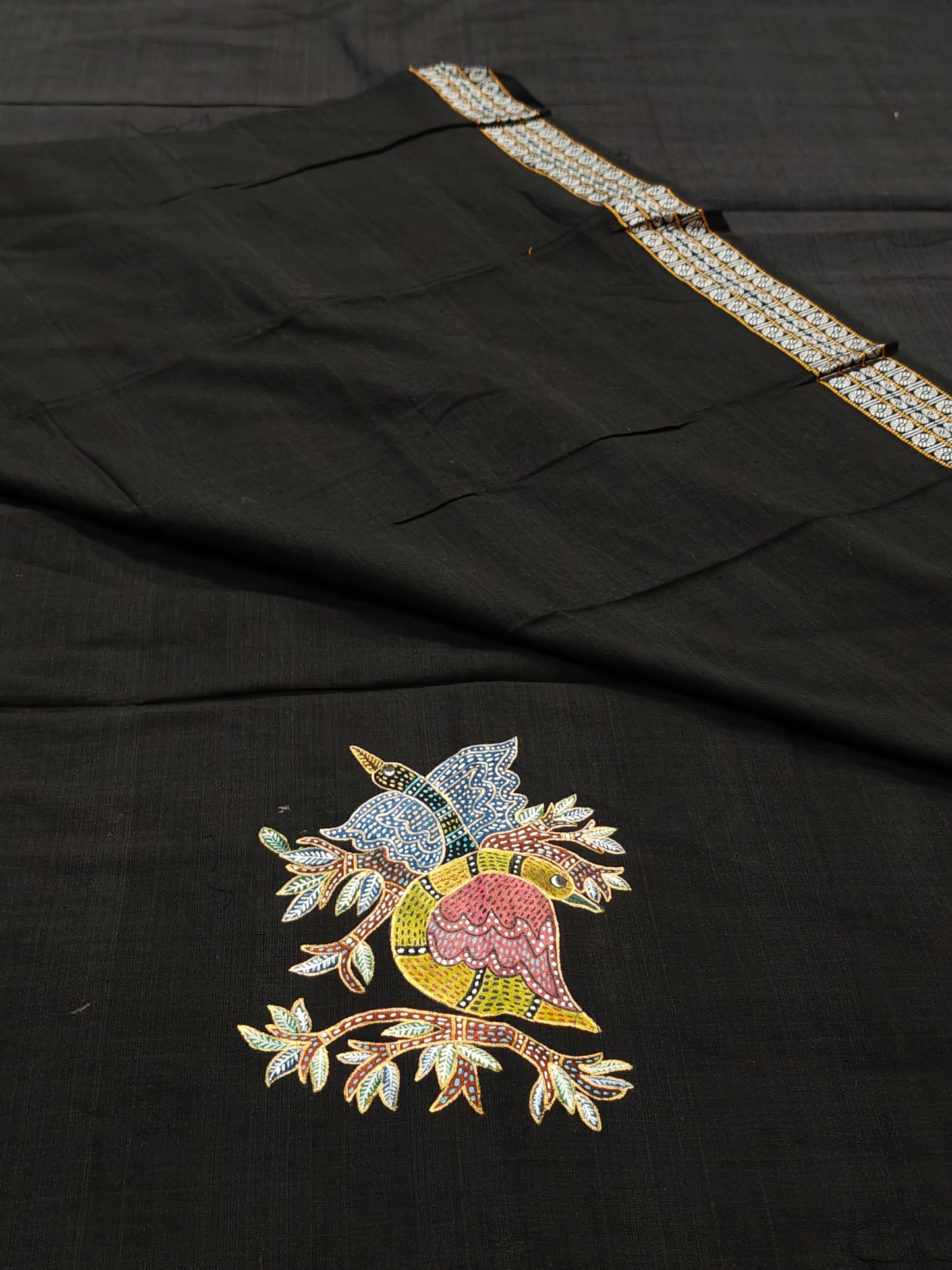 Handloom cotton hand-painted unstitched blouse piece with borders