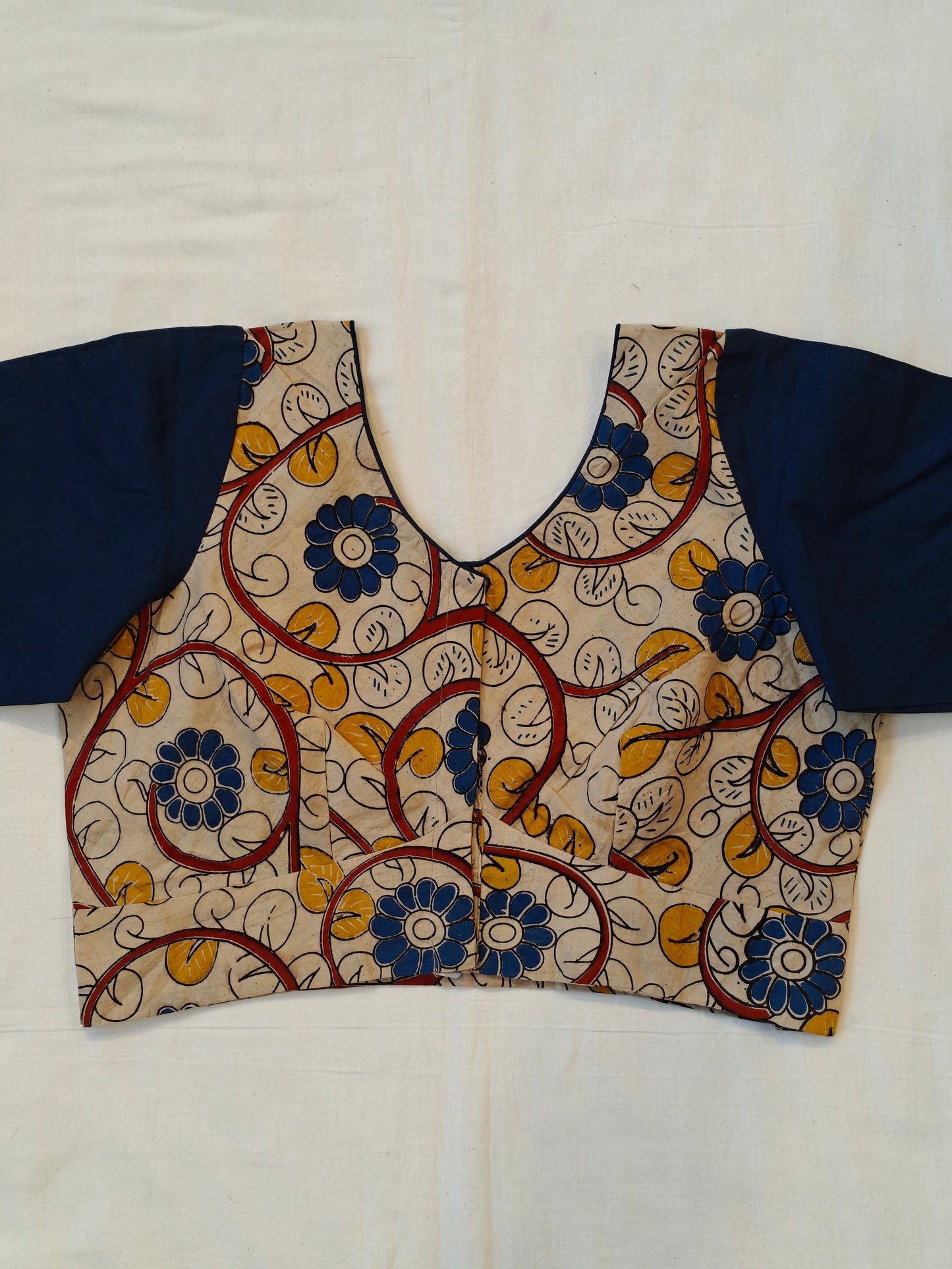 Beige Kalamkari cotton with plain blue sleeves blouse