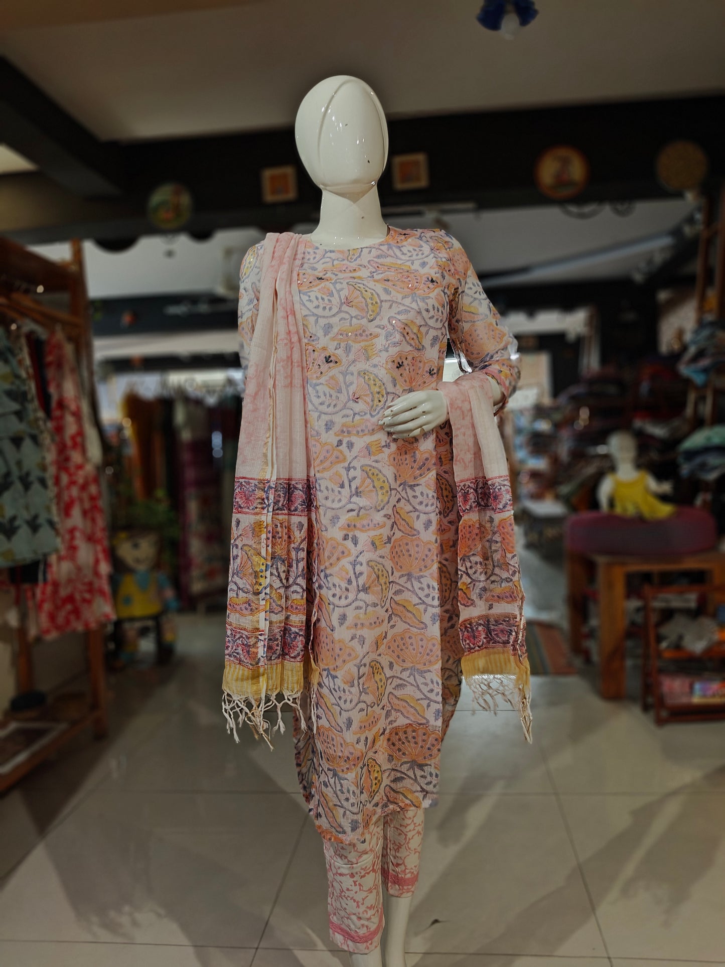 Peach and white floral hand block printed kota cotton 3 piece suit set with kota cotton dupatta