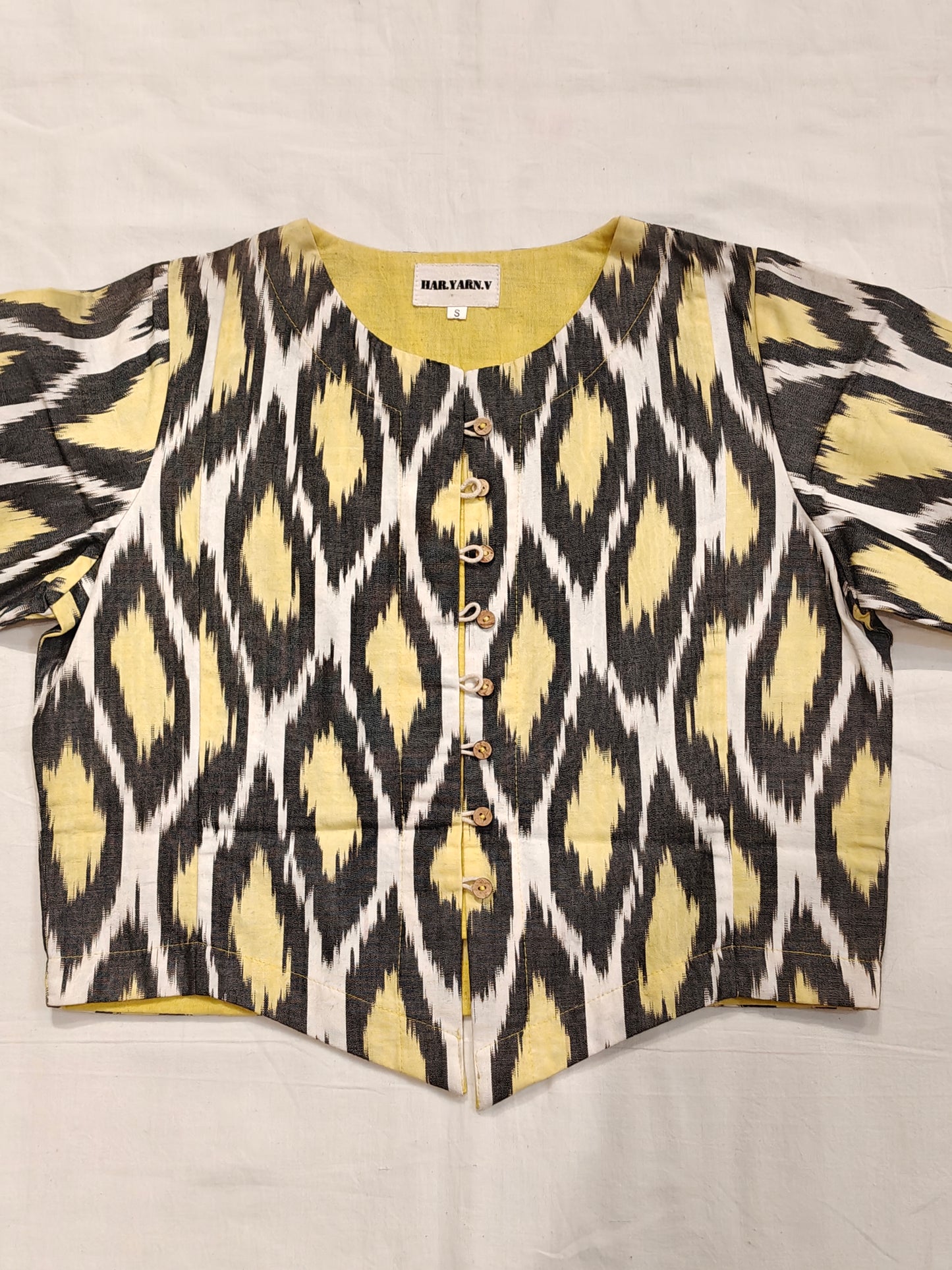 Yellow, black n white ikat handloom cotton blouse / jacket / crop top