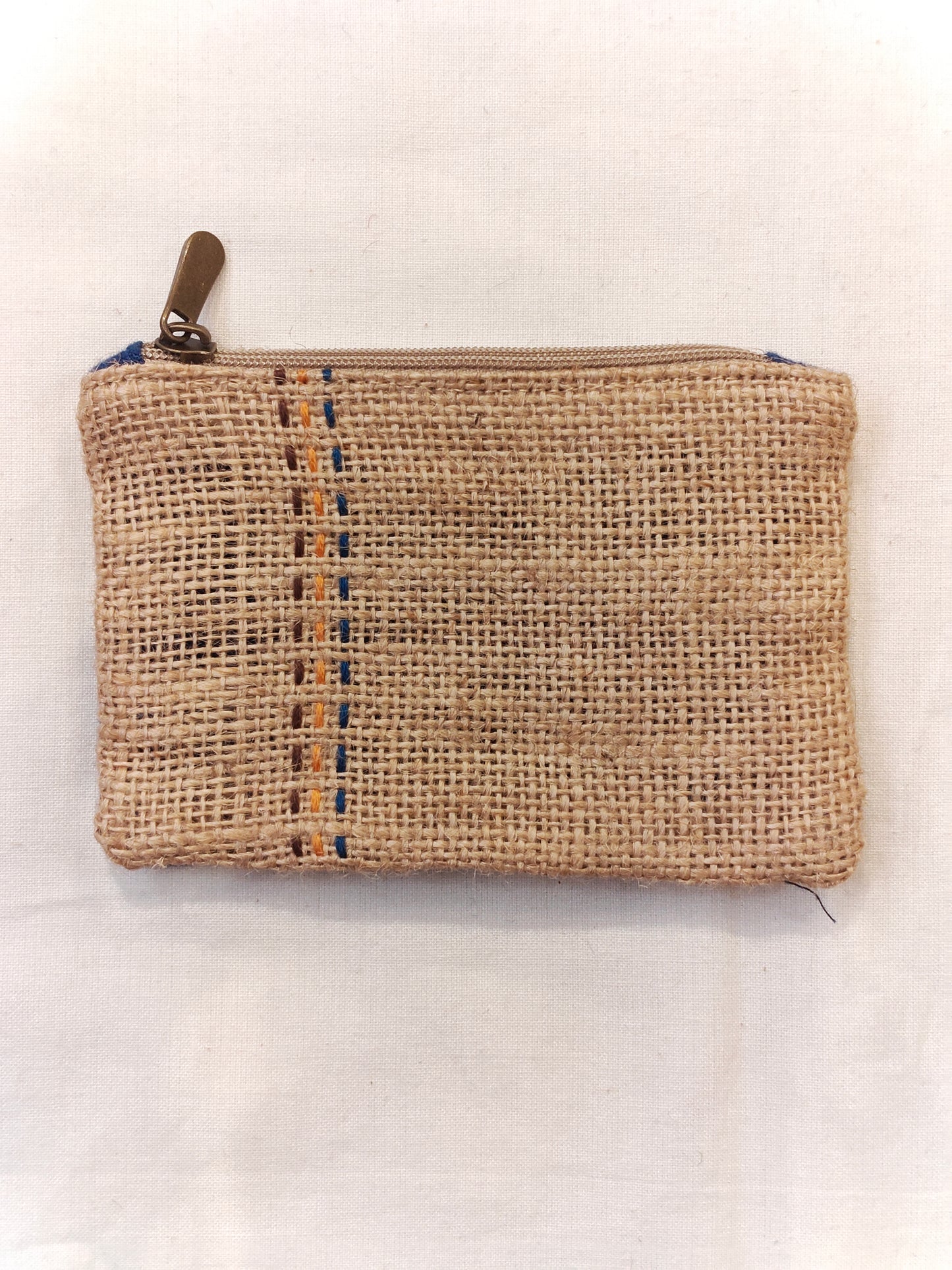 Coin pouch - Small jute zipper pouch with fabric panel