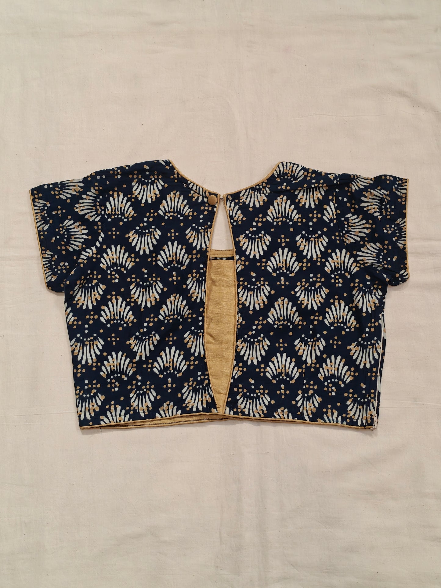 Dark blue handblock printed short sleeves cotton blouse with piping