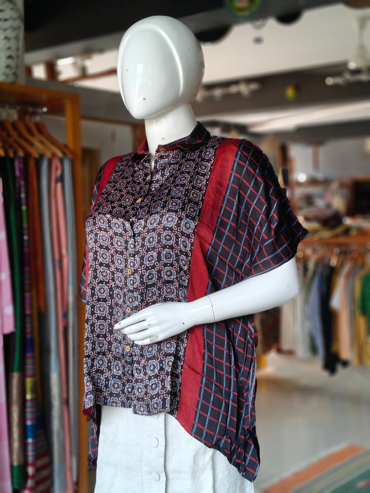 Modal Ajrakh shirt style kaftan top with hand block prints - click to see color options