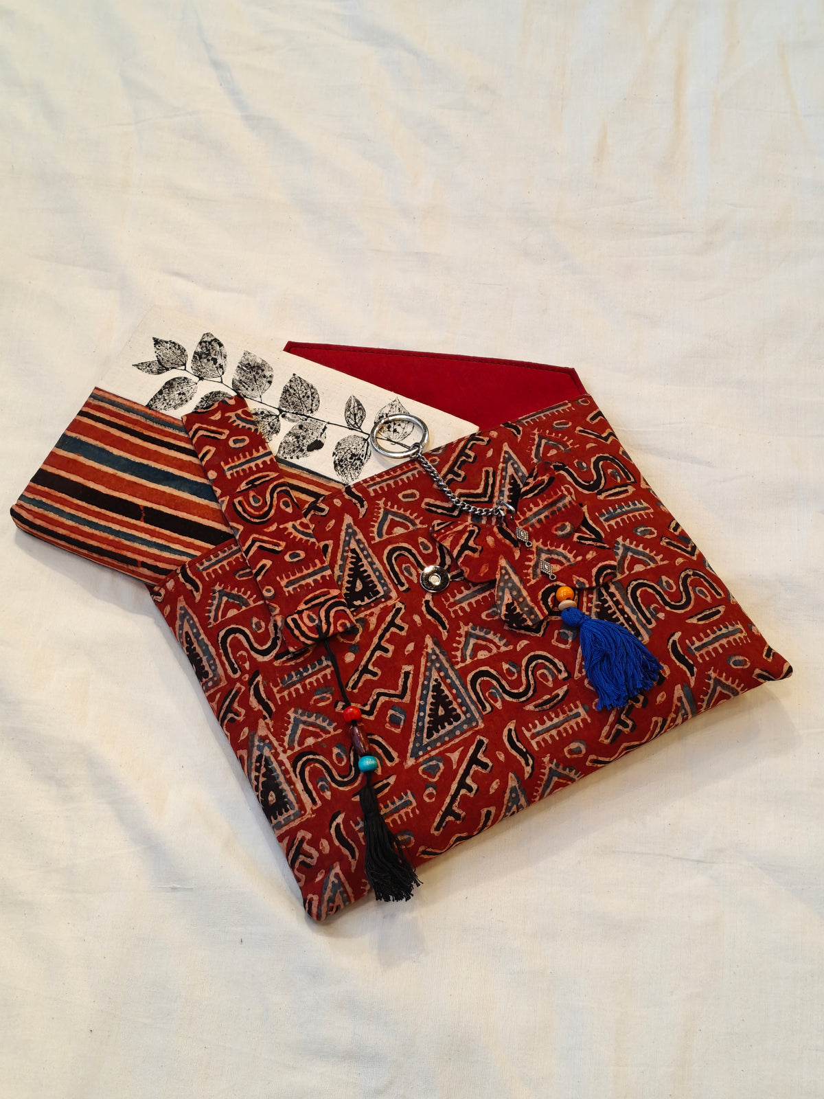 Handmade paper notebook with eco leaf printed fabric cover, hand crafted bookmark, key ring / charm and a container pouch - 4 piece gift set