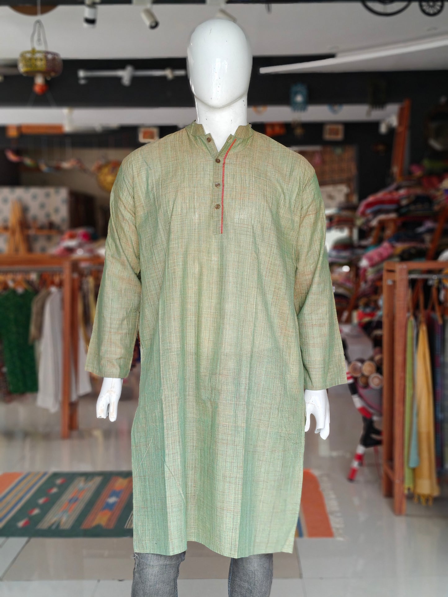 Green and brown double tone cotton full sleeves long kurta for men