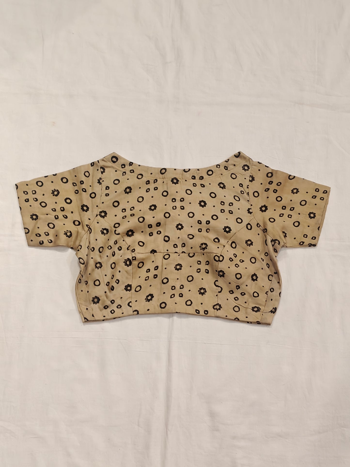 Beige with black Ajrakh hand block print short sleeves modal blouse