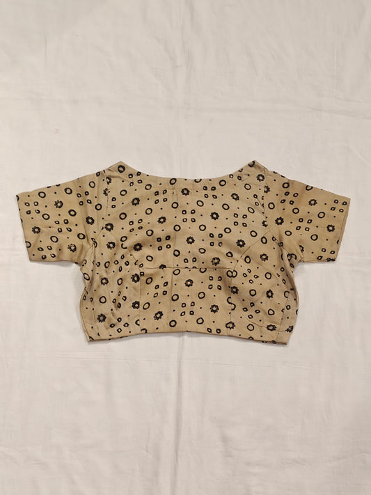 Beige with black Ajrakh hand block print short sleeves modal blouse