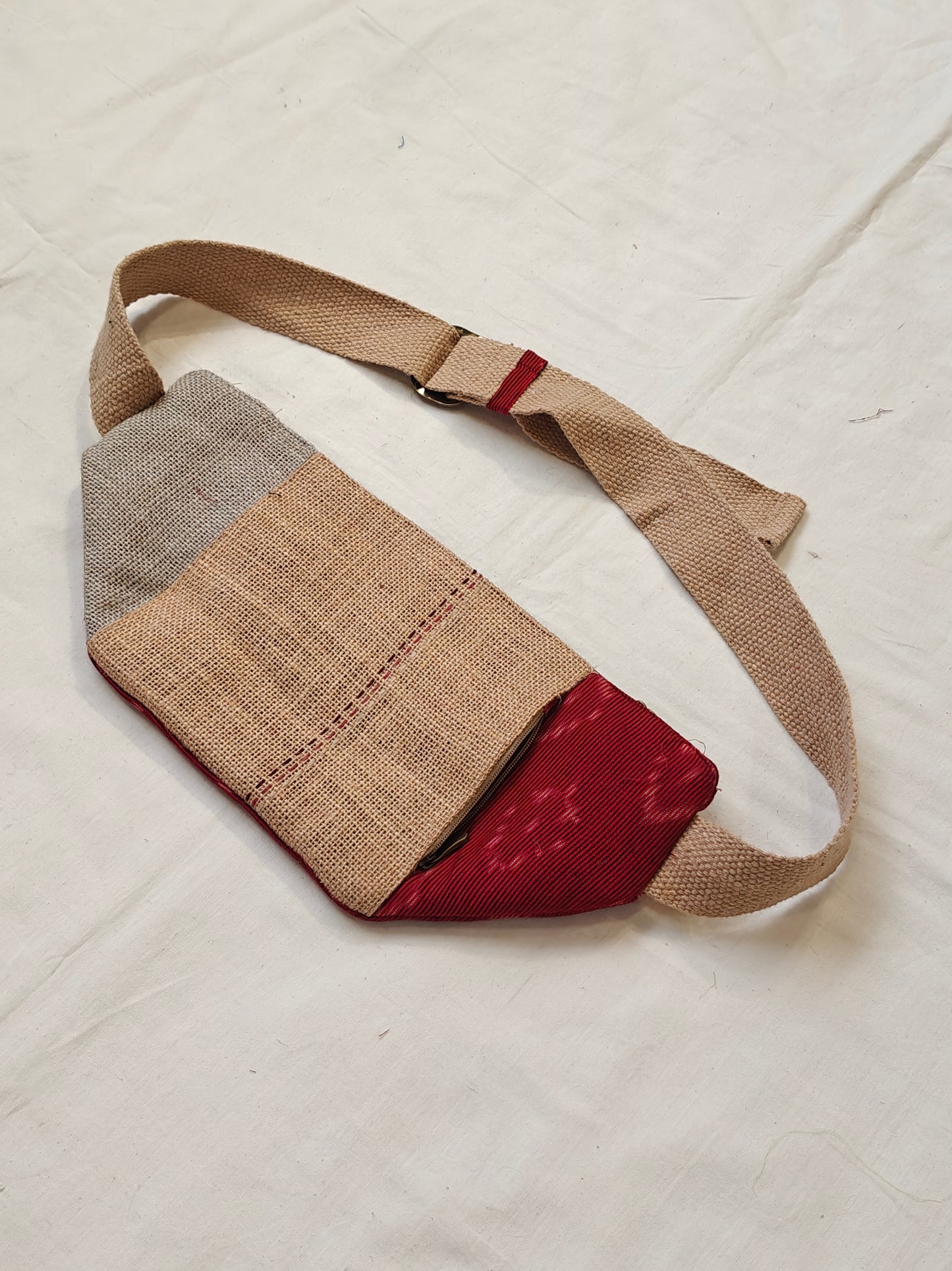 Waist fanny pack with multicolour fabric panels - Handmade jute bag