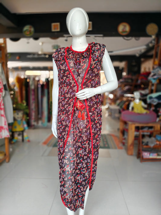 Maroon floral printed georgette wrap style dress with red borders