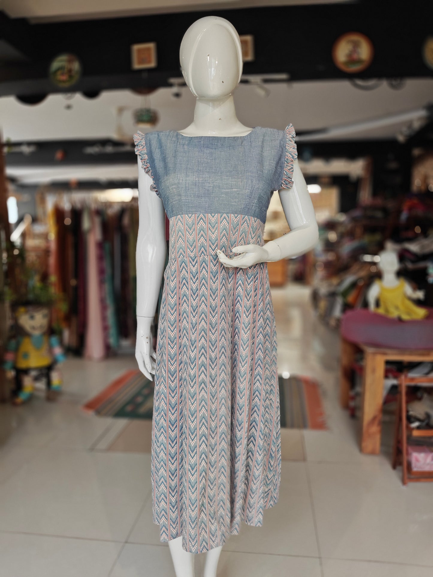 Blue cotton dress with indigo handwoven bodice and natural dyed attached cotton skirt