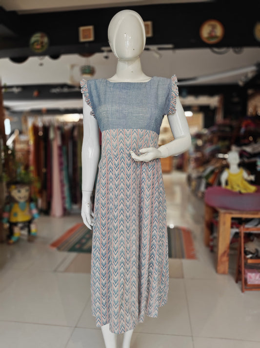 Blue cotton dress with indigo handwoven bodice and natural dyed attached cotton skirt