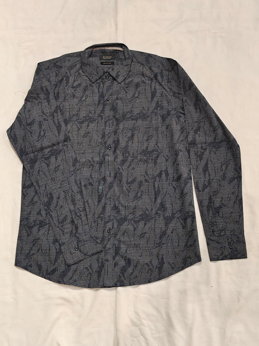 Grey cotton shirt for men with white dotted stripes leaves pattern