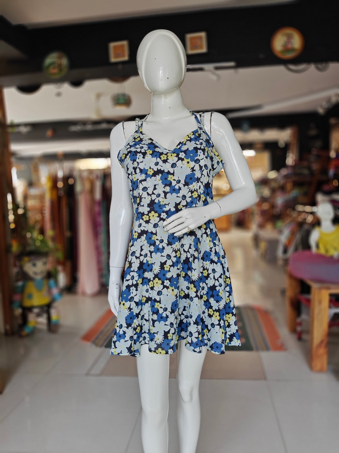Blue and yellow floral printed short georgette dress