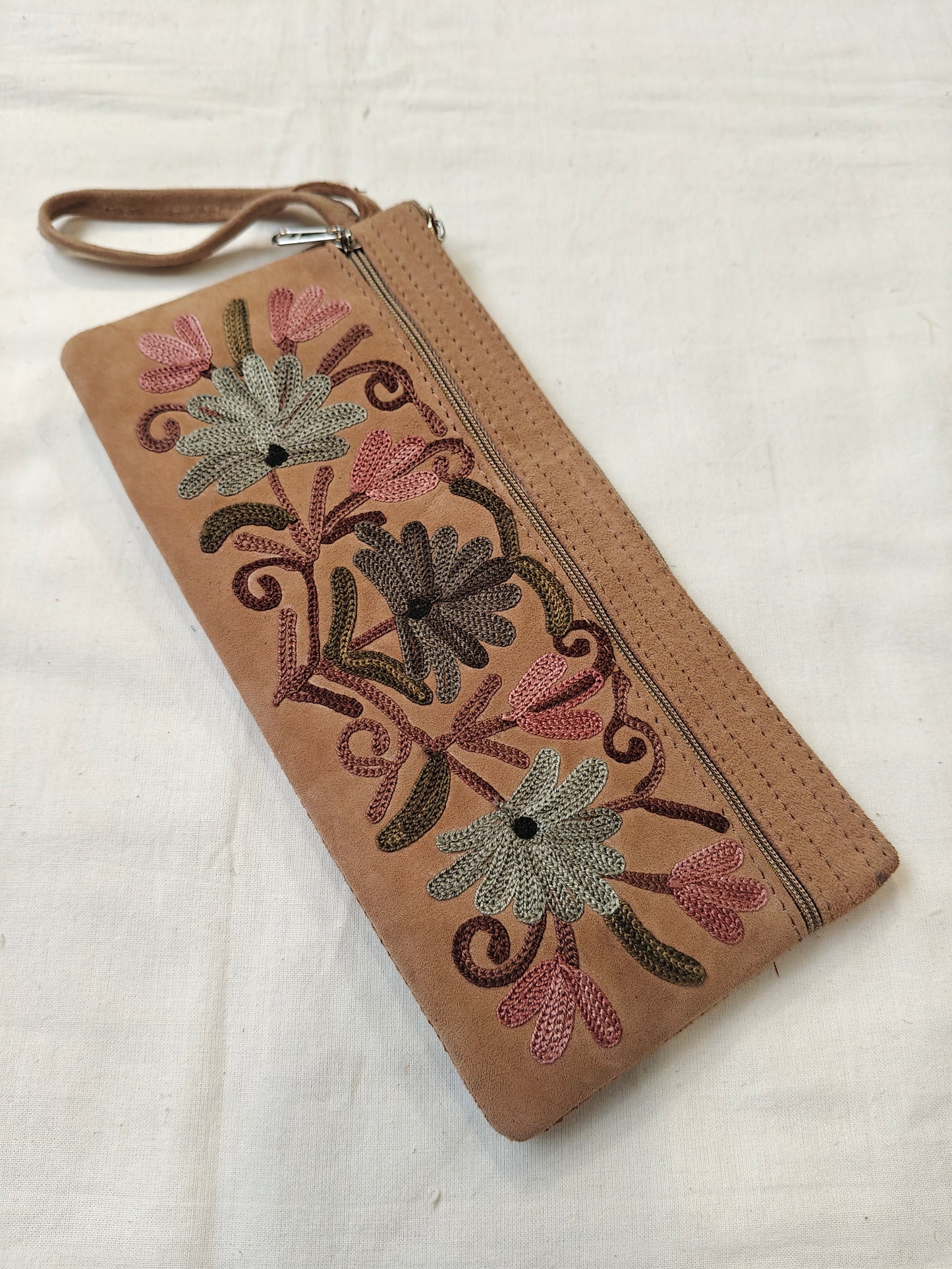 Wristlet pouch featuring Kashmiri floral Aari embroidery - 3 zippers