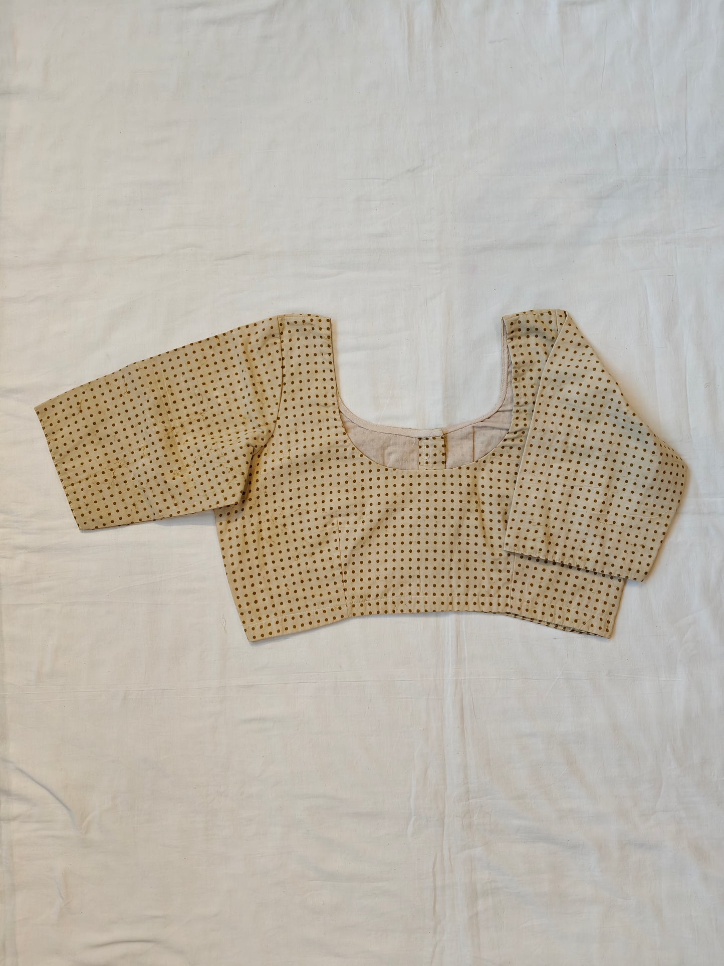 Polka dots on cream base hand block printed cotton elbow sleeves blouse