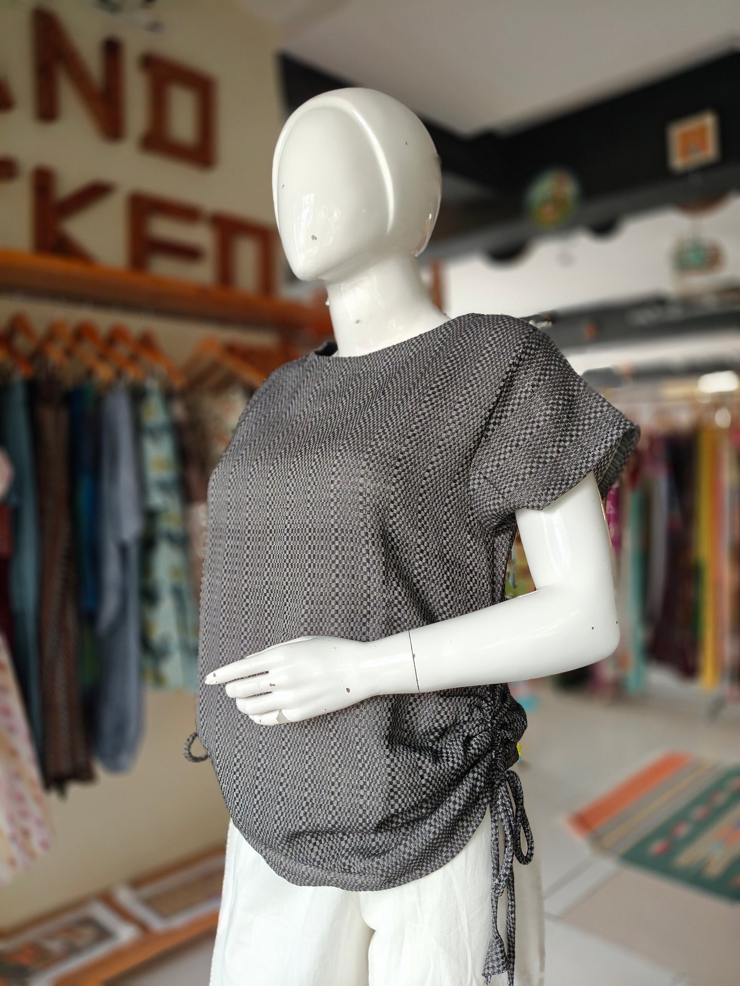 Black textured handloom 4 pedal weave cotton top with side tie up details