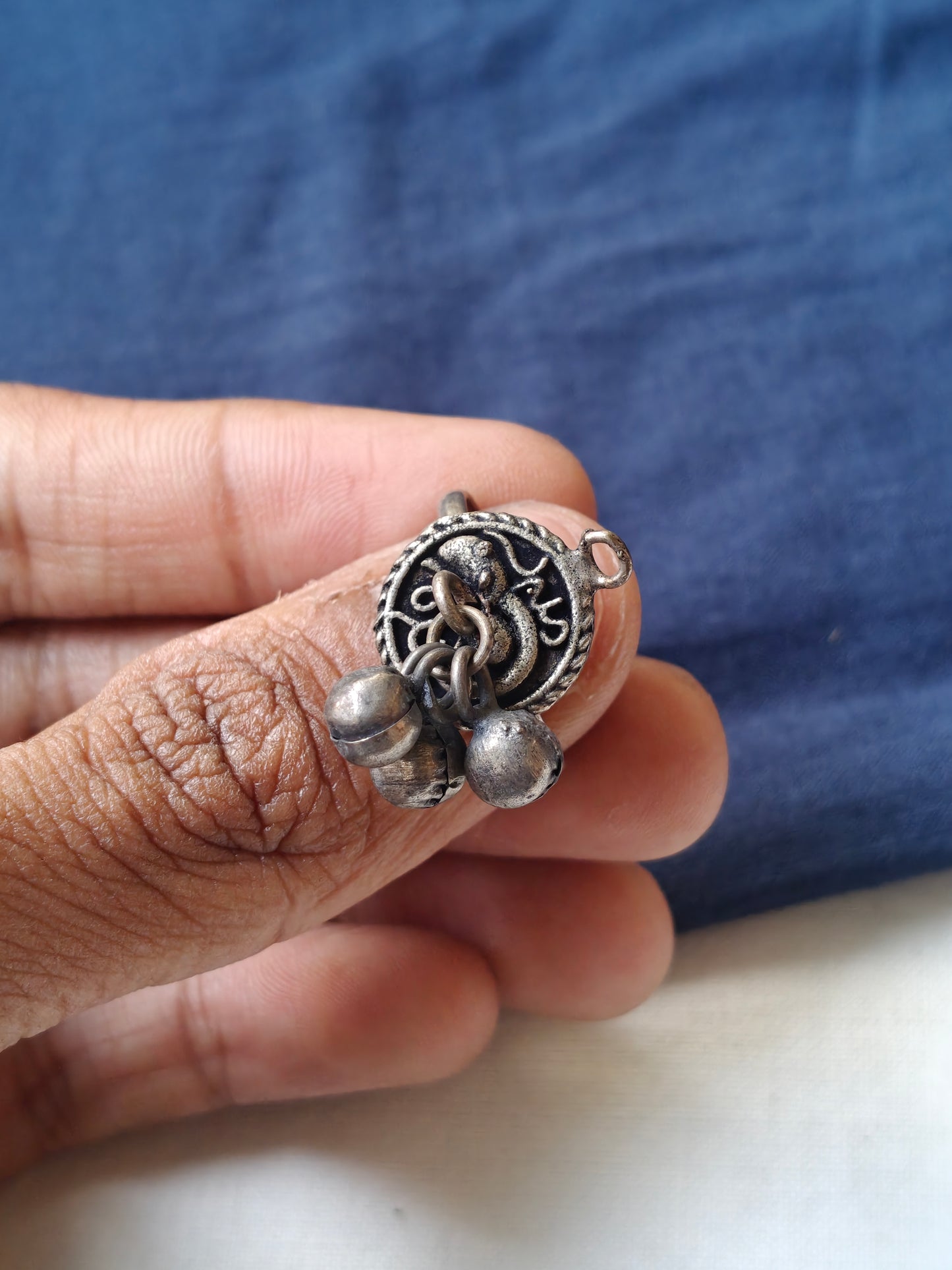 Traditional motifs oxidised look finger ring with ghungroos