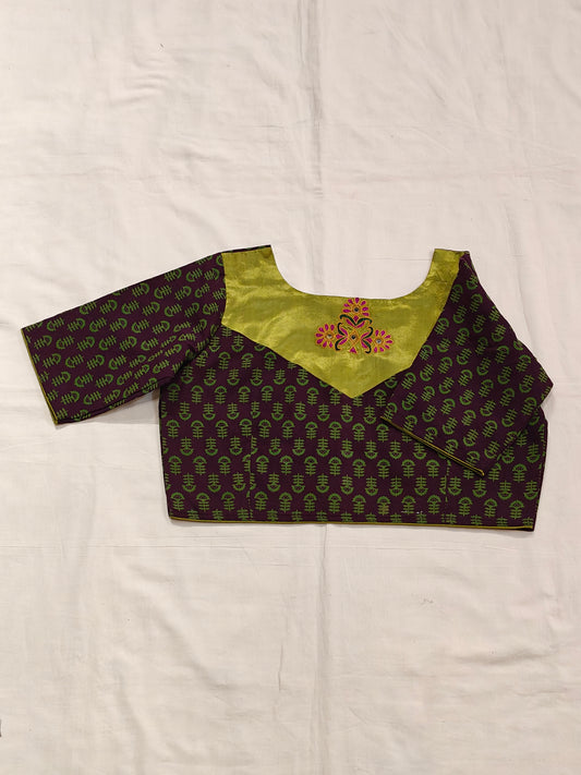 Purple cotton hand block printed blouse with green prints and Mashru embroidered back patch