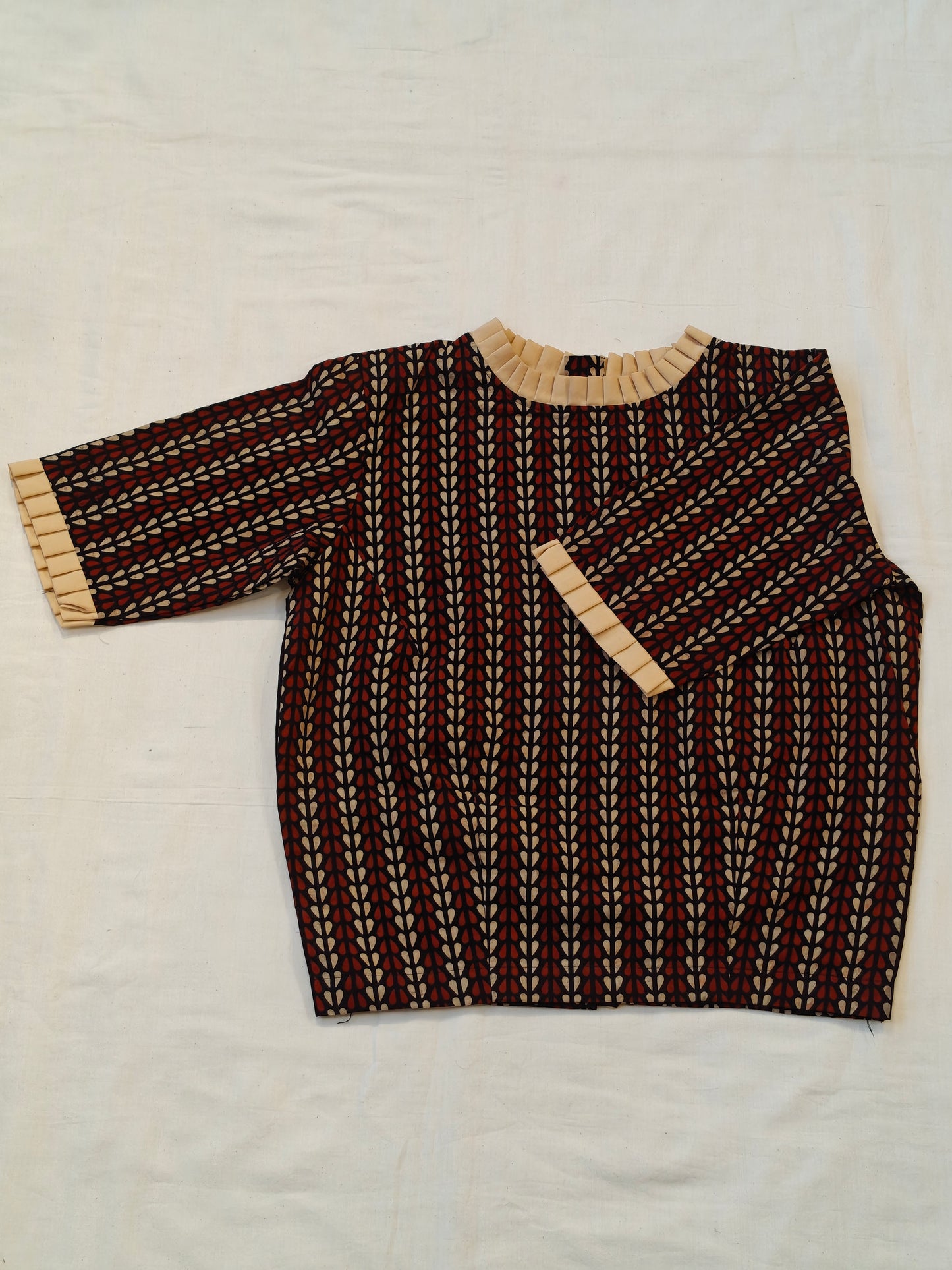 Maroon and black handblock printed cotton crop top blouse with closed neck