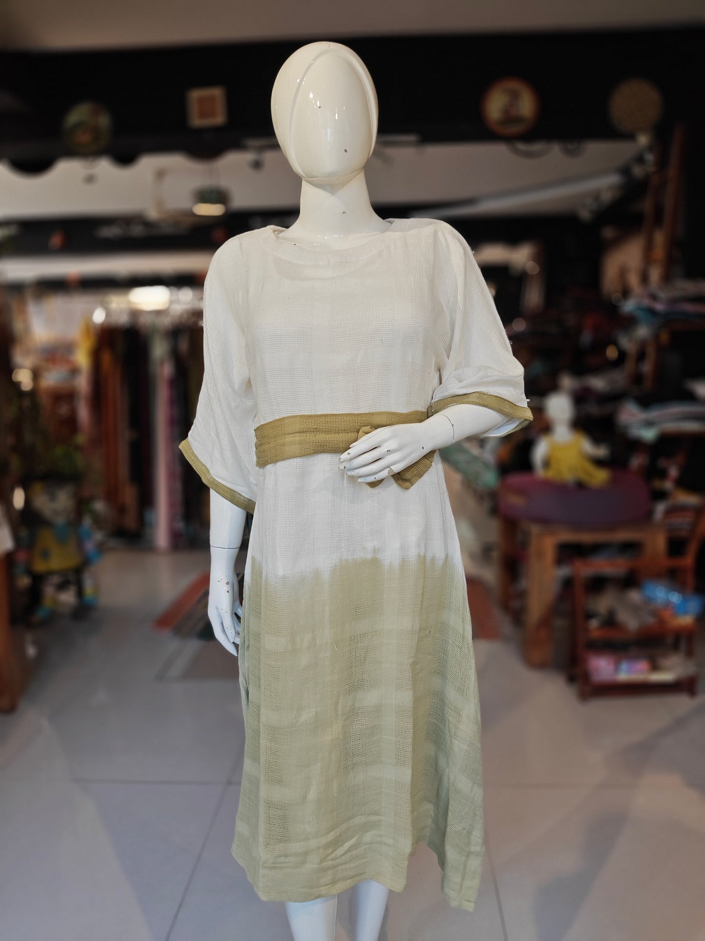 White and sage green tie and dye handloom cotton net dress with waist belt