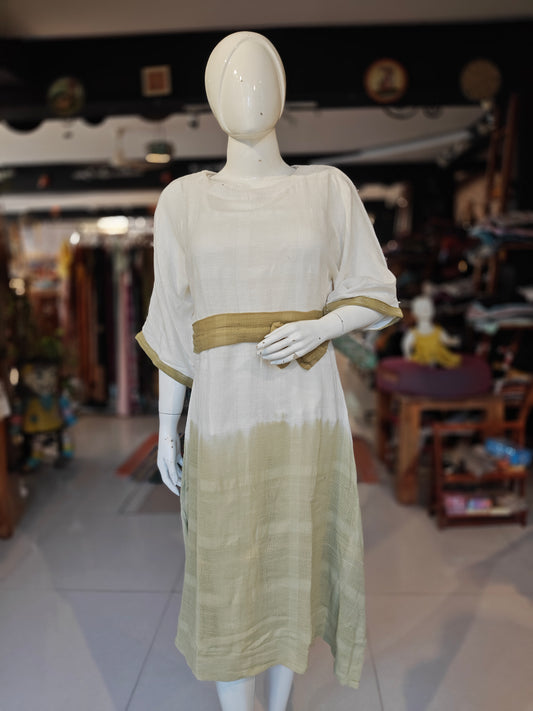 White and sage green tie and dye handloom cotton net dress with waist belt