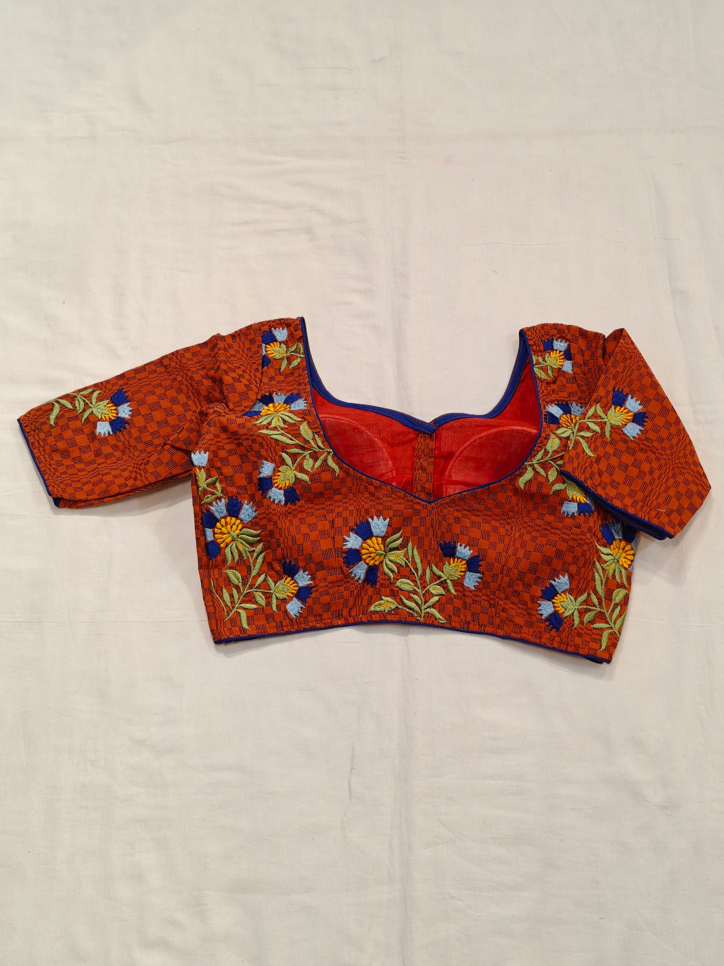 Cotton checkered blouse with floral embroidery, low back - color options available