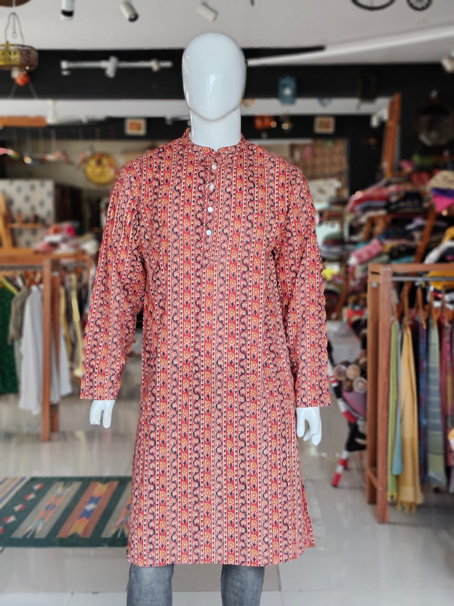 Maroon vines printed cotton full sleeves long kurta for men