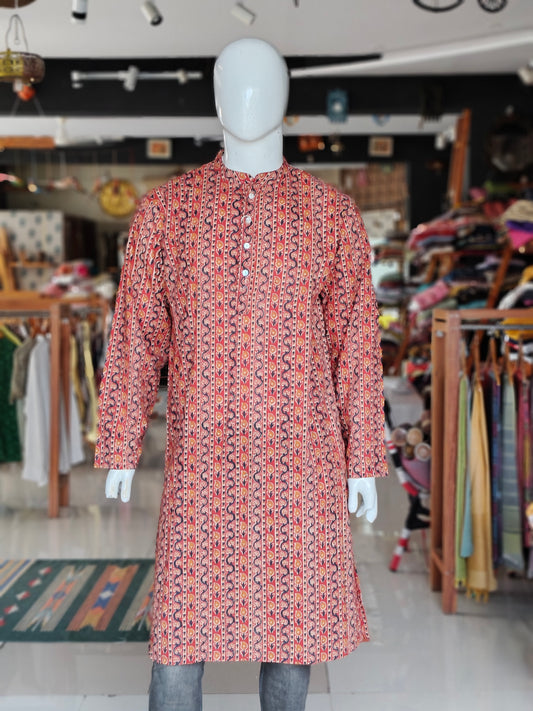 Maroon vines printed cotton full sleeves long kurta for men