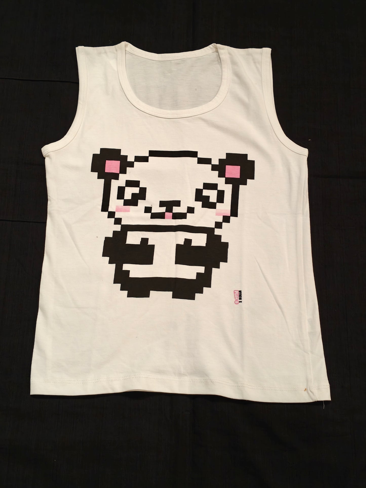 White tank top with pixelated panda print for children