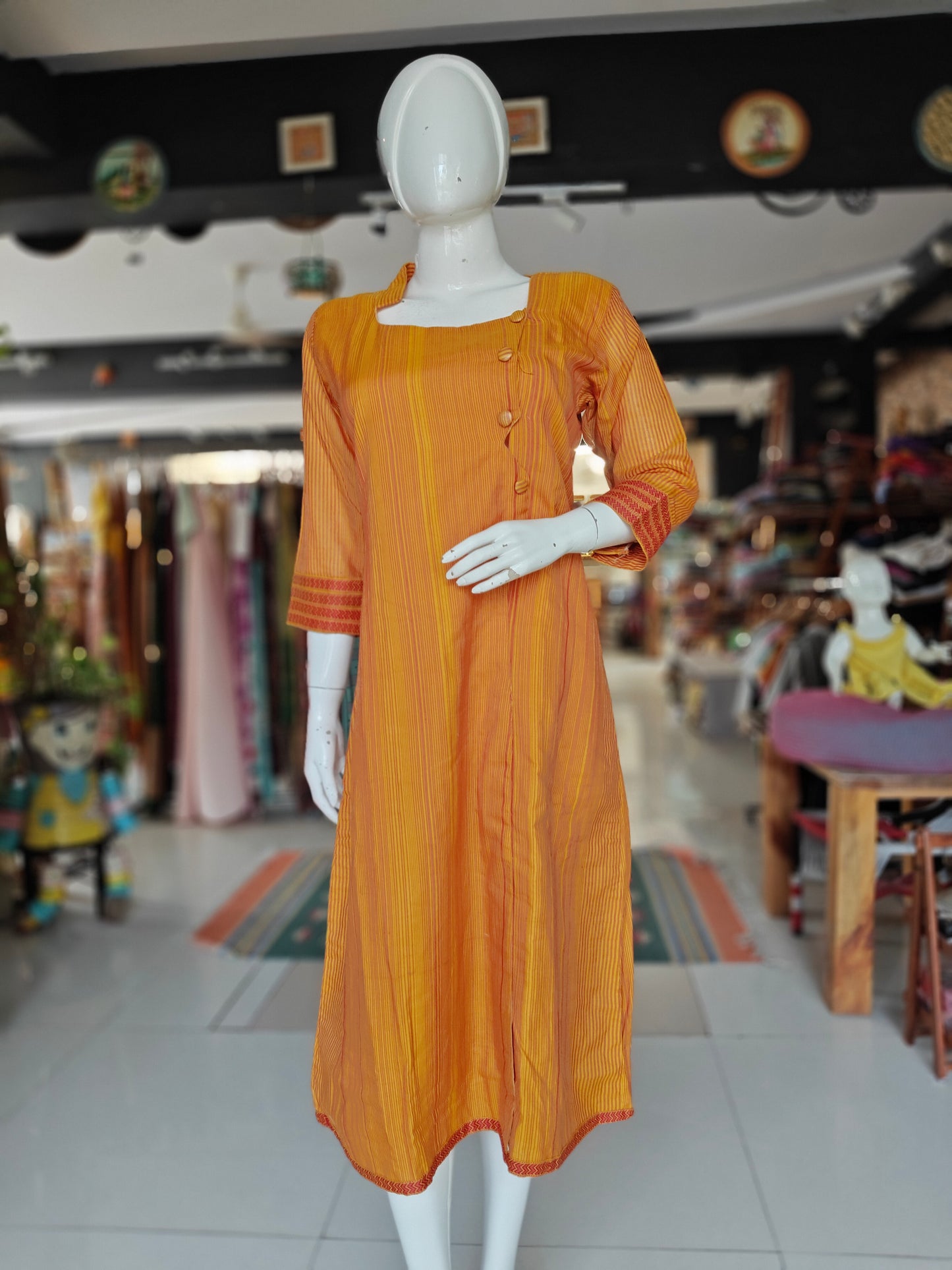Orange and yellow striped Maheshwari handwoven cotton dress