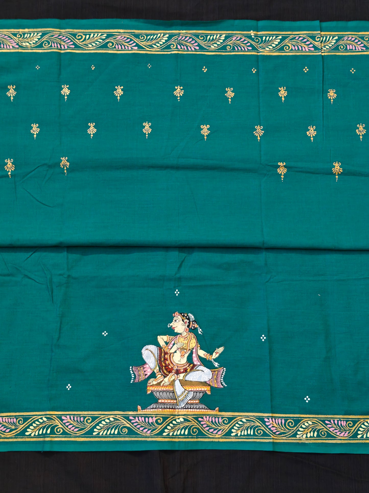 Patachitra hand-painted unstitched blouse piece with back and sleeves design - Handwoven cotton base