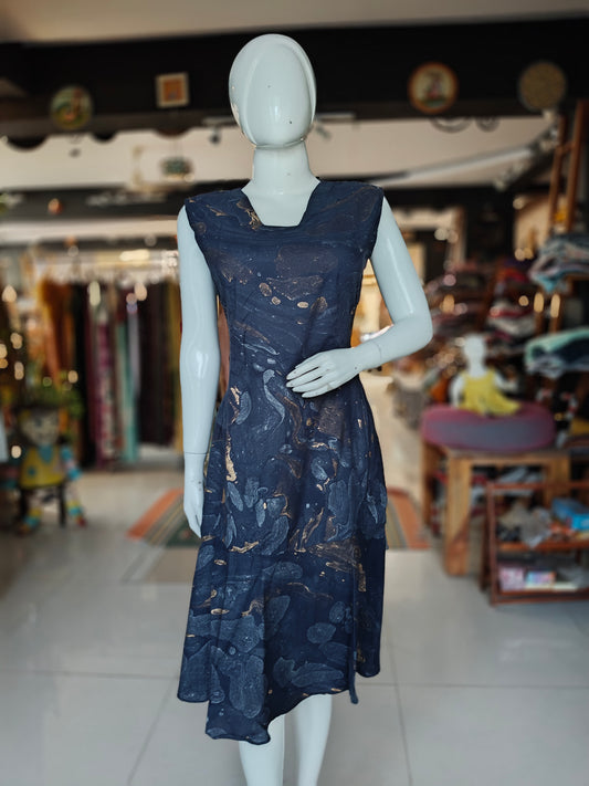 Navy blue and golden marble printed sleeveless cotton dress with umbrella hem