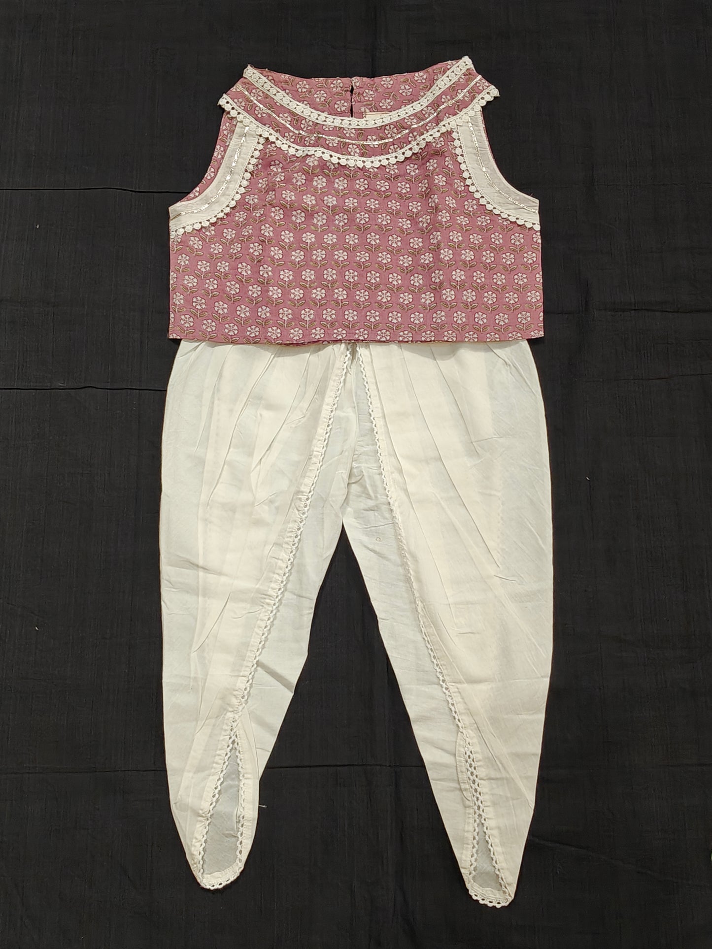 Lavender cotton top with floral prints and white dhoti pants - 2 piece set