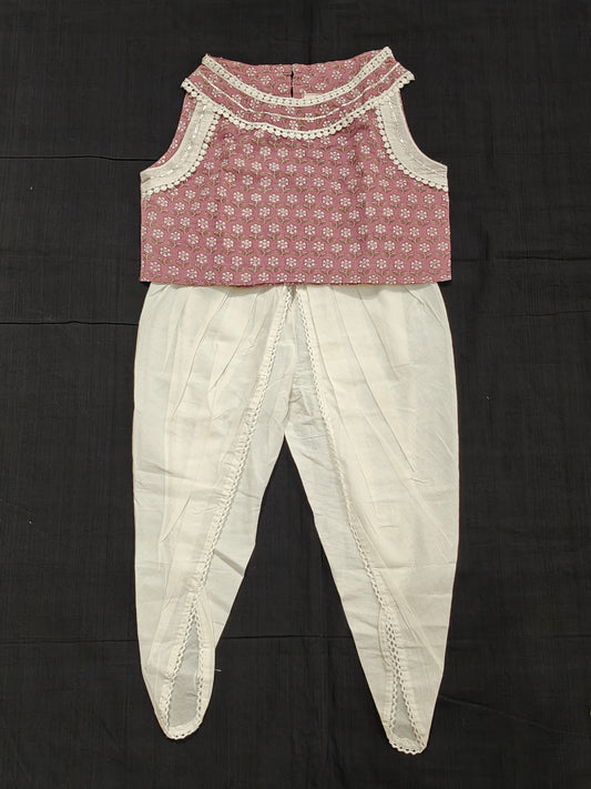 Lavender cotton top with floral prints and white dhoti pants - 2 piece set