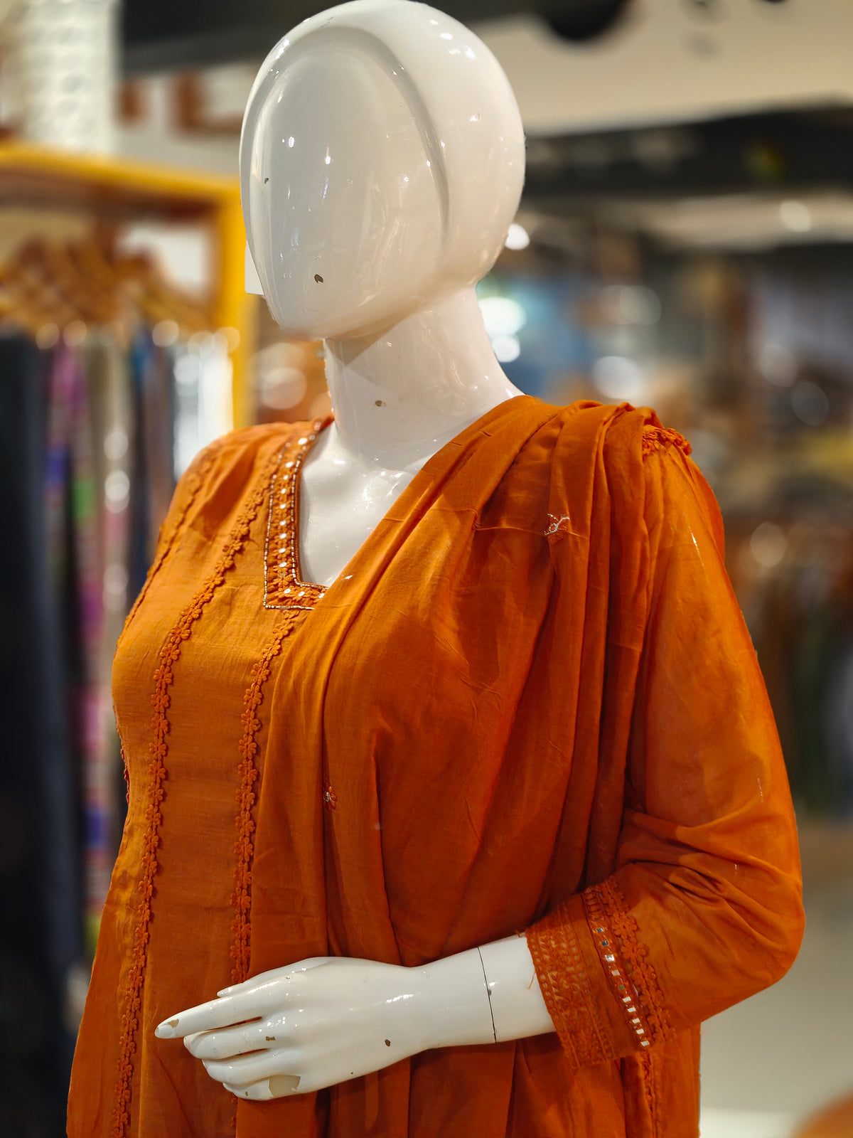 Rust Orange mul chanderi silk 3 piece set: a-line kurti, pants n dupatta