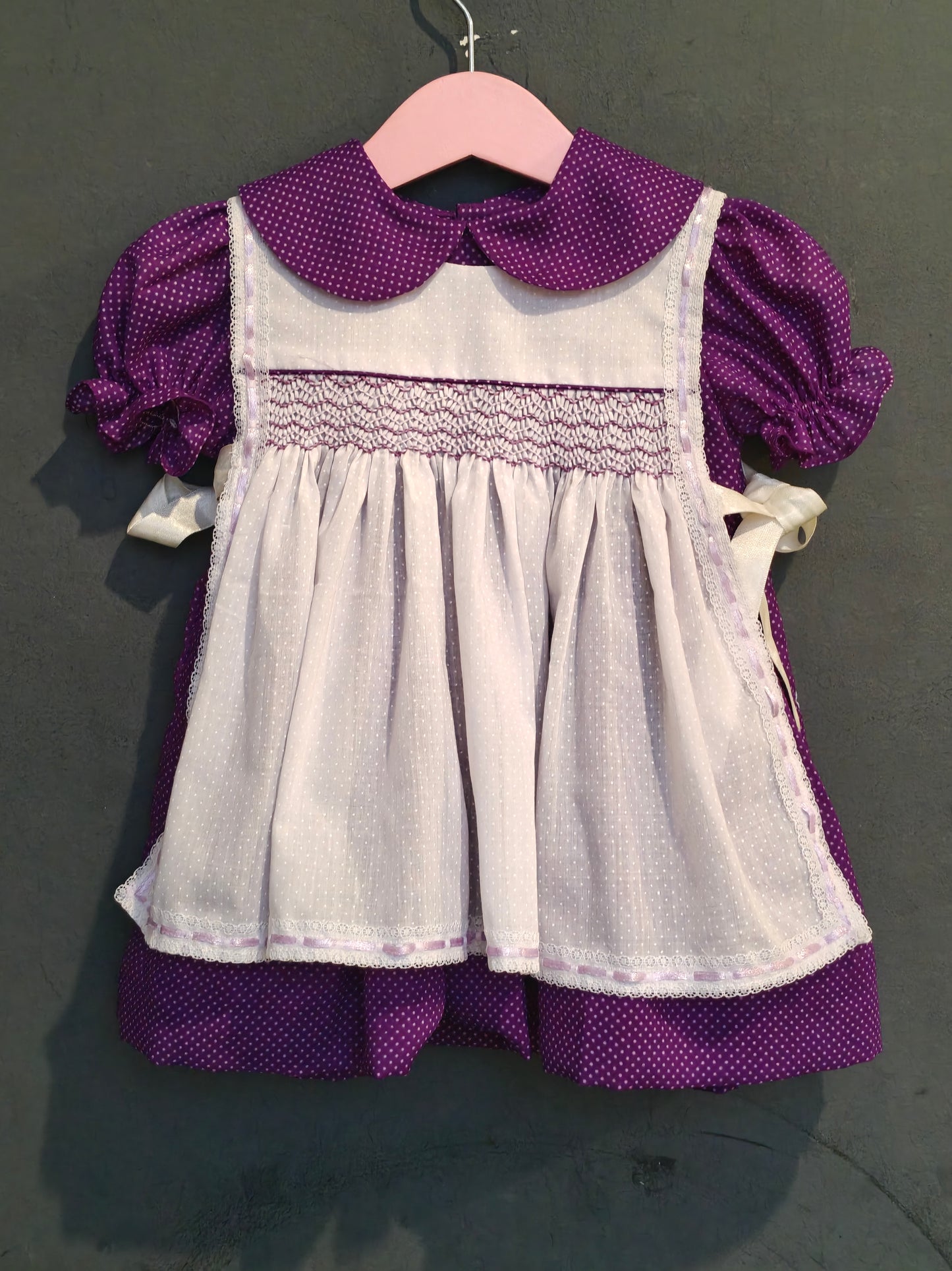 Purple and white with polka dots printed hand embroidered smocking cotton frock