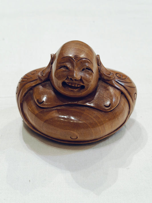 Laughing buddha in Hancrafted wood -  table decor / paper weight