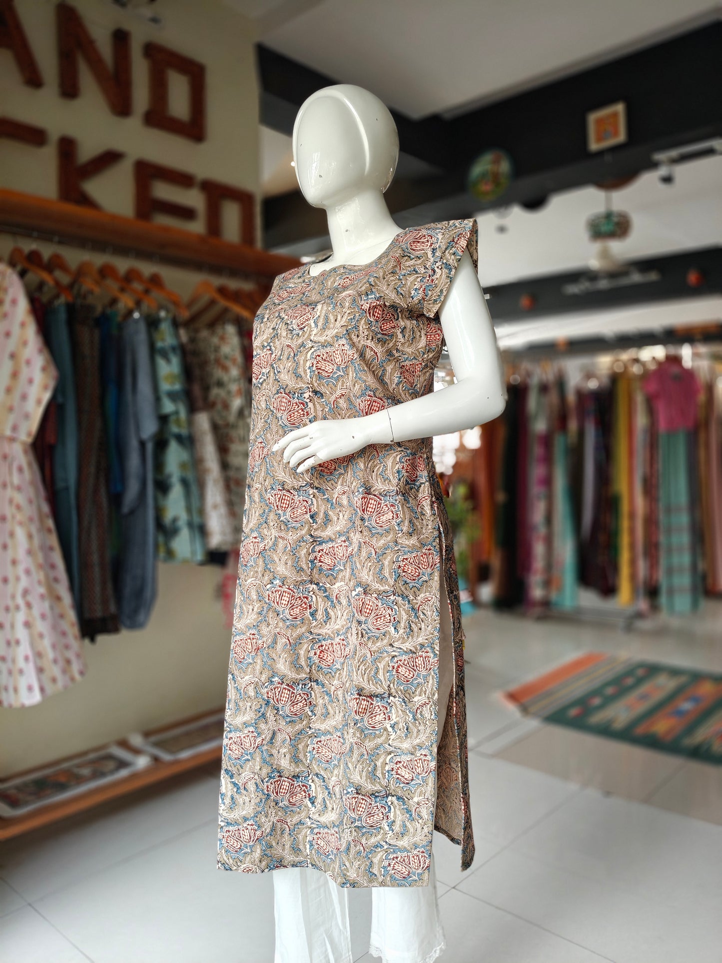 Beige n red floral Kalamkari handblock printed cotton kurti